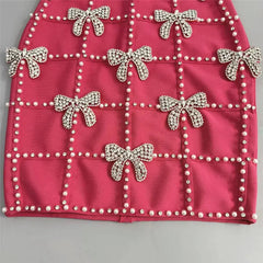 Bowknot Crystal Grid Bandage Mini Dress in Rose Red