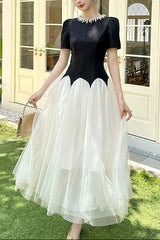Black-White Rhinestone Neck Maxi Dress