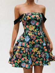 Print A Line Strap Satin Mini Dress