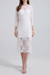 Rhinestone Fishbone Lace Midi Dress in White