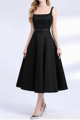 Square Neck Satin Slip Midi Dress - Black