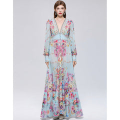 Mesh A-Line Printed Maxi Dress