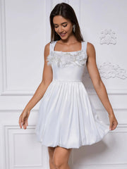 Satin Puffy Mini Dress in White