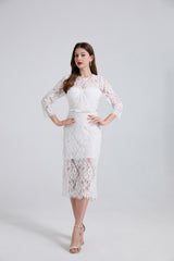 Rhinestone Fishbone Lace Midi Dress in White