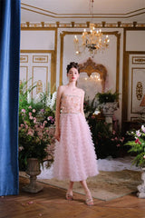 Pink Princess Ruffle Midi Floral Embroidery Dress