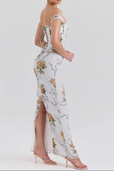 White Floral Print Fitted Corset Maxi Dress
