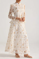Yellow Floral Embroidered Long-Sleeve Top Skirt Set
