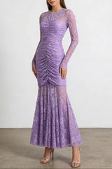 Lace Hollow Ruched Bodycon Long Sleeve Maxi Dress in Purple