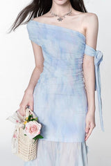 One-Shoulder Slim Maxi Dress in Blue