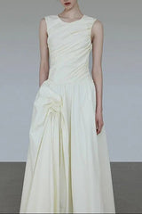 Ruched A-Line Sleeveless Midi Dress in Apricot