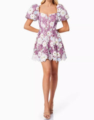 Hollow Hook Lace Mini Dress in Purple