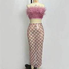 Pink Feather Top Sequin Midi Skirt Set