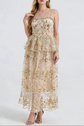 Gold Rhinestone Sequin Embroidery Maxi Dress