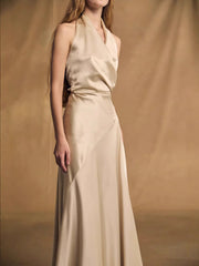 Champagne Crepe Bias-Cut Satin Halter Maxi Dress