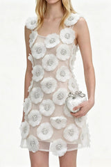 Rhinestone 3D Flowers Mini Dress - White