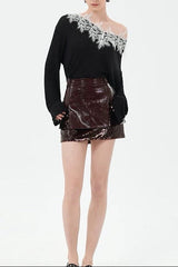 Sequin Embellished Leather Mini Skirt in Burgundy