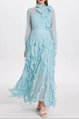 Blue Neck Ruffle Maxi Dress