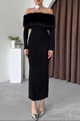 Furry Embellished Bodycon Midi Dress in Black