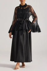 Black Lace Bell-Sleeve Ruffle Embroidered top maxi skirt set