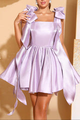 Cara Bowknot Satin Puffy Mini Dress in Purple