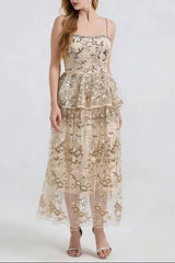 Gold Rhinestone Sequin Embroidery Maxi Dress