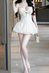 Emma Bowknot Hollow Top Mini Dress in Beige