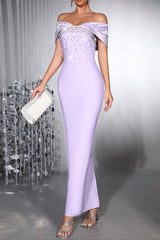 Diamond off-Shoulder Bodycon Maxi Bandage Dress in Purple