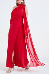 One-Shoulder Detachable Collar Maxi Dress in Red