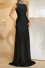 Mesh Stitching Diamond High Collar Bandage Maxi Dress in Black