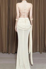 Ruched Halter Bodycon Maxi Dress in White
