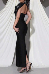 Black Shawl-Embellished Diamond Bandage Maxi Dress
