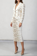 High-Waisted Skirt Gold Sequin Print Blazer Suit in White