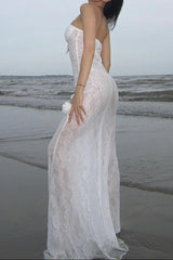 Sheer Lace Dress with Three-Dimensional Floral Skirt - White