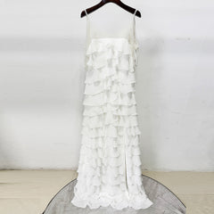 White Nail Bead Layered Leaf Maxi Dress