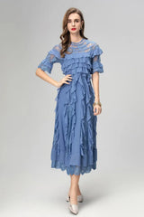 Lace Ruffle Trim Midi Dress in Blue