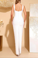 White Flower Square-Neck Elastic Bandage Maxi Dress