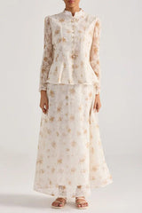 Yellow Floral Embroidered Long-Sleeve Top Skirt Set