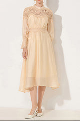 Cecilia Lantern Sleeves Openwork Trim Midi Dress