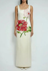 Square Neck Flower Embroidery Satin Maxi Dress in Apricot