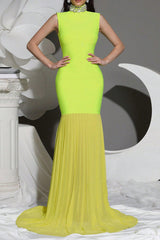 Mesh Stitching Diamond High Collar Bandage Maxi Dress in Green