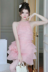 3D Flower Halter Ruffle Mini Dress in Pink