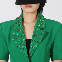 Green Flower Embellished Blazer with Wide-Leg Trousers Set
