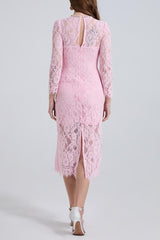 Rhinestone Fishbone Lace Midi Dress in Pink