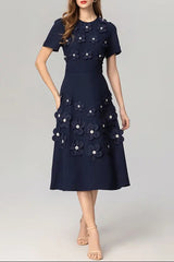 3D Flower Midi Dress in Navy Blue