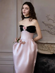Satin Pink Flower Maxi Prom Dress