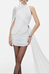 Off-Shoulder Single-Sleeve Bodycon Ribbon Mini Dress - White