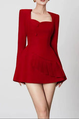 Red Square Neck Long Sleeve A-Line Mini Dress
