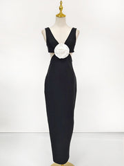 Flower V-Neck Hollow Out Maxi Dress in Black