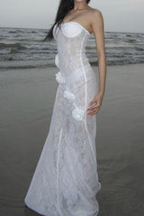Sheer Lace Dress with Three-Dimensional Floral Skirt - White