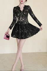 Black Lace Hollow Long Sleeve A-Line Mini Dress
